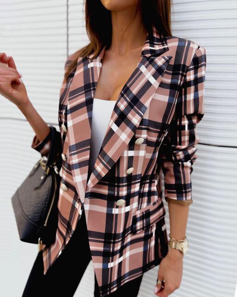 

Plaid Print Long Sleeve Double Breasted Blazer, Coffee