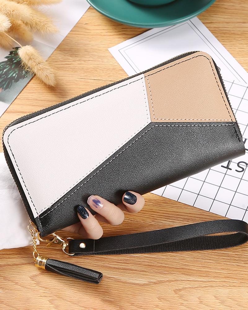 

Colorblock Tassel Zipper Purse, Black
