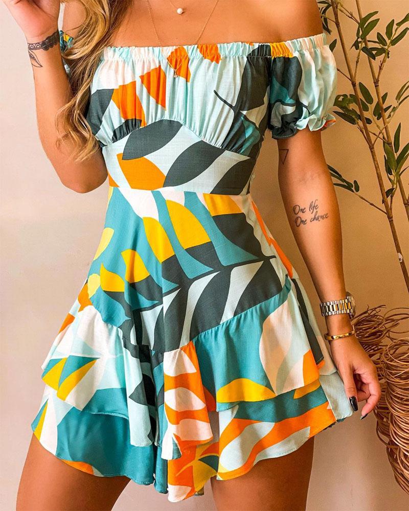 

Off Shoulder Ruffle Hem Plants Print Dress, Multicolor