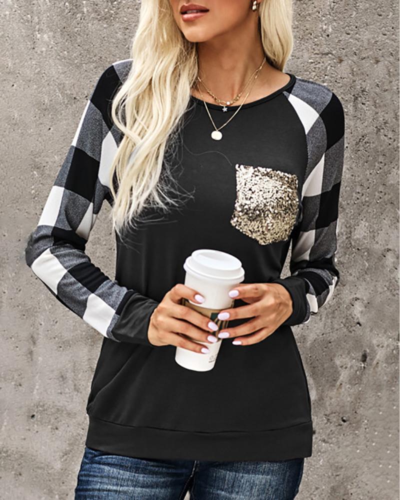 

Sequins Pocket Plaid Print Long Sleeve Top, Black