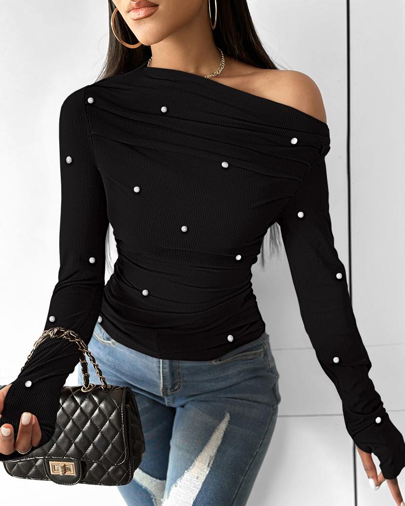

Top de canalé con cuentas y fruncido con cuello sesgado, Black