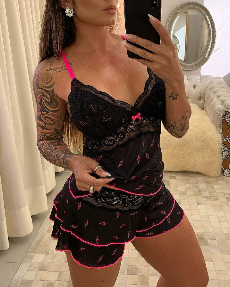 

Lightning Print Contrast Lace Cami Set, Black