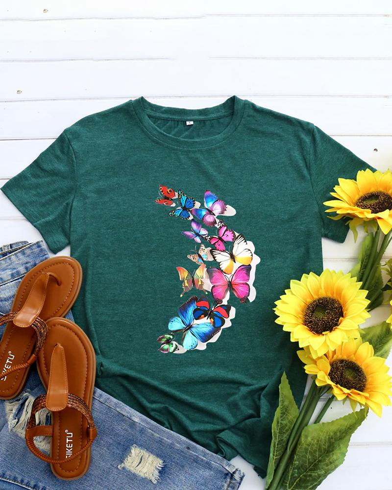 

Butterfly Print Short Sleeve O-Neck Top, Green