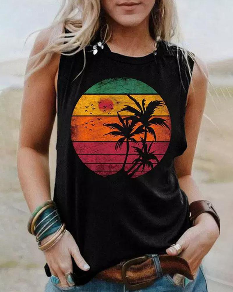 

Plus Size Coconut Tree Landscape Print Sleeveless Tank Top, Black