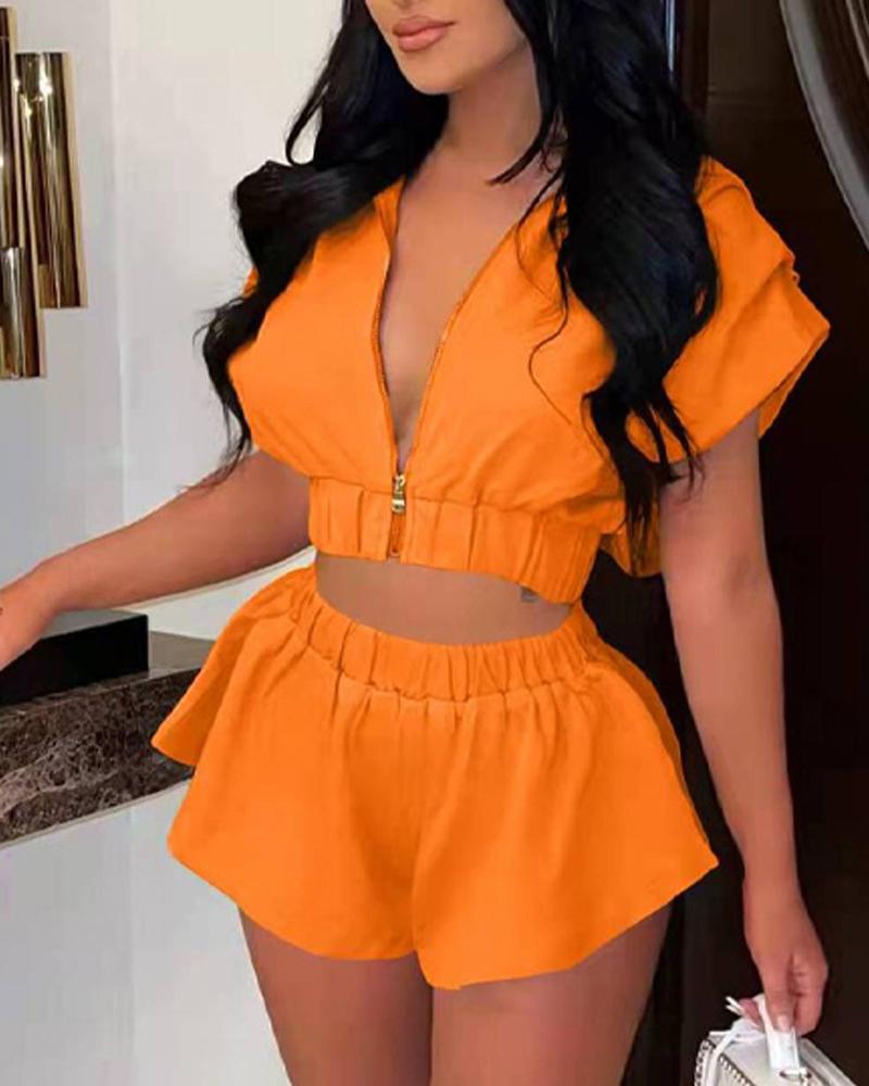 

Zip Up Hooded Crop Top & Shorts Set, Orange