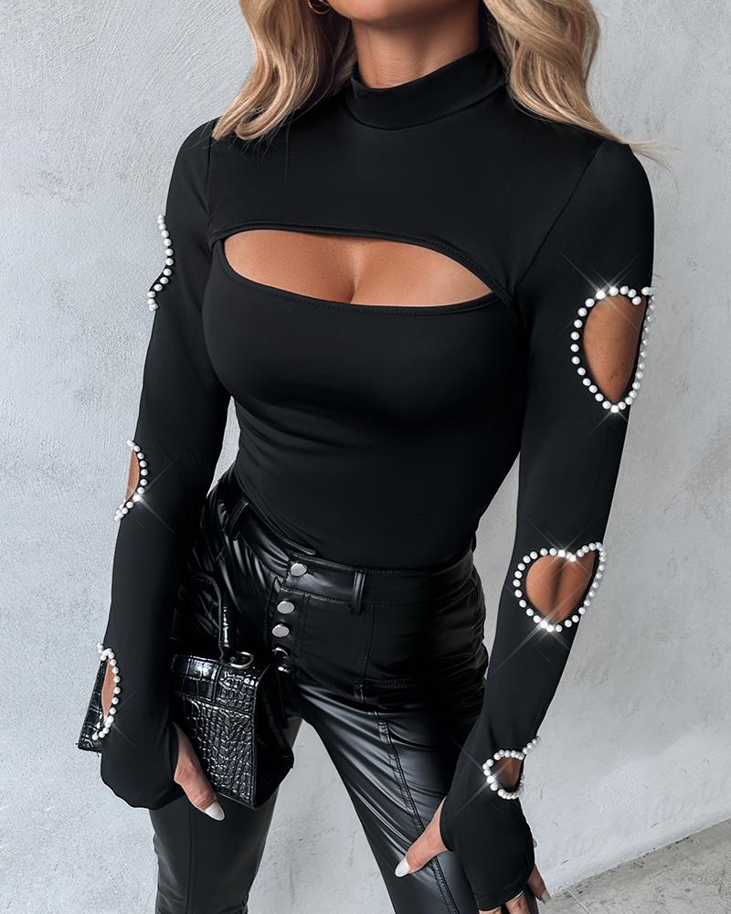 

Beaded Decor Cutout Long Sleeve Top, Black