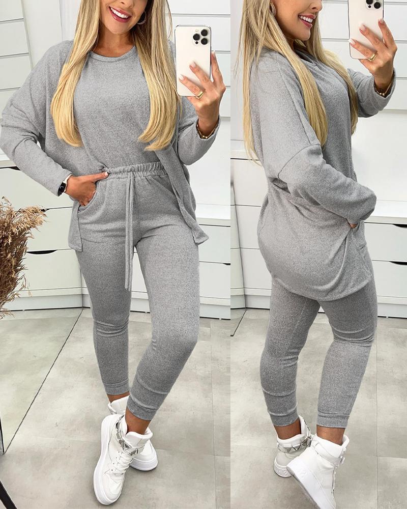 

Split Hem Long Sleeve Top & Pants Set, Gray