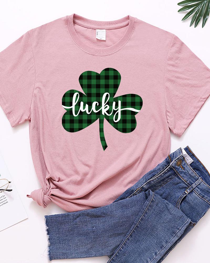 

Plaid & Letter Clover Print Short Sleeve Casual T-shirt, Purple