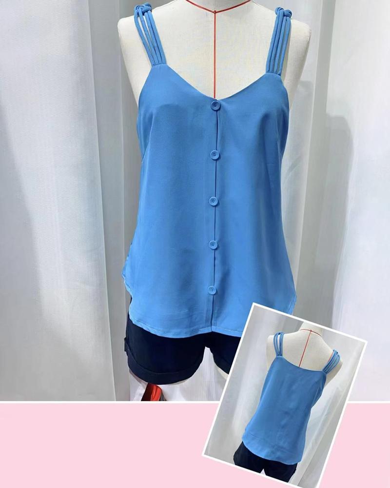 

V-Neck Sleeveless Buttoned Tank Top, Blue