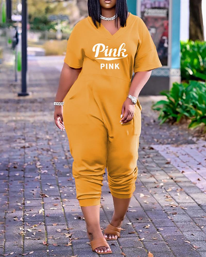 

Letter Print V-Neck Short Sleeve Pocket Design Jumpsuit, Yellow