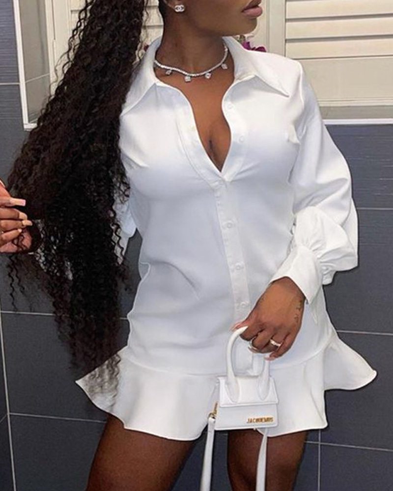 

Plus Size Long Sleeve Button Front Ruffle Hem Shirt Dress, White