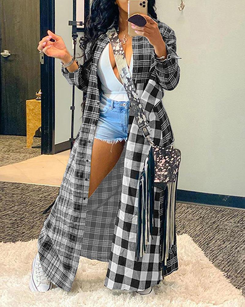 

Colorblock Plaid Print Longline Shacket, Black