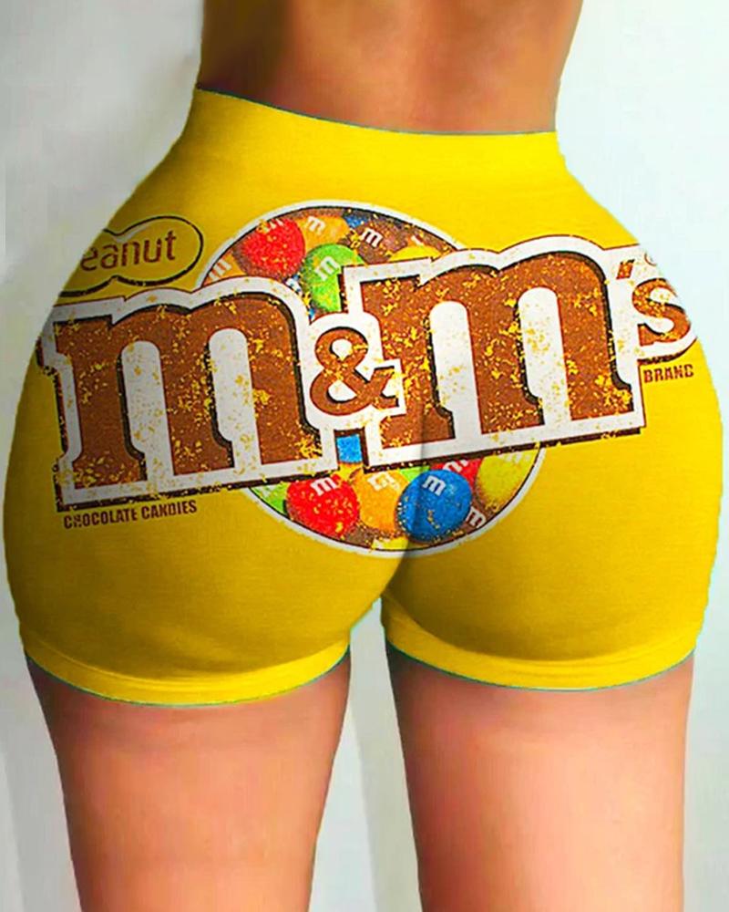 

Letter Cartoon Print High Waist Casual Shorts, Yellow