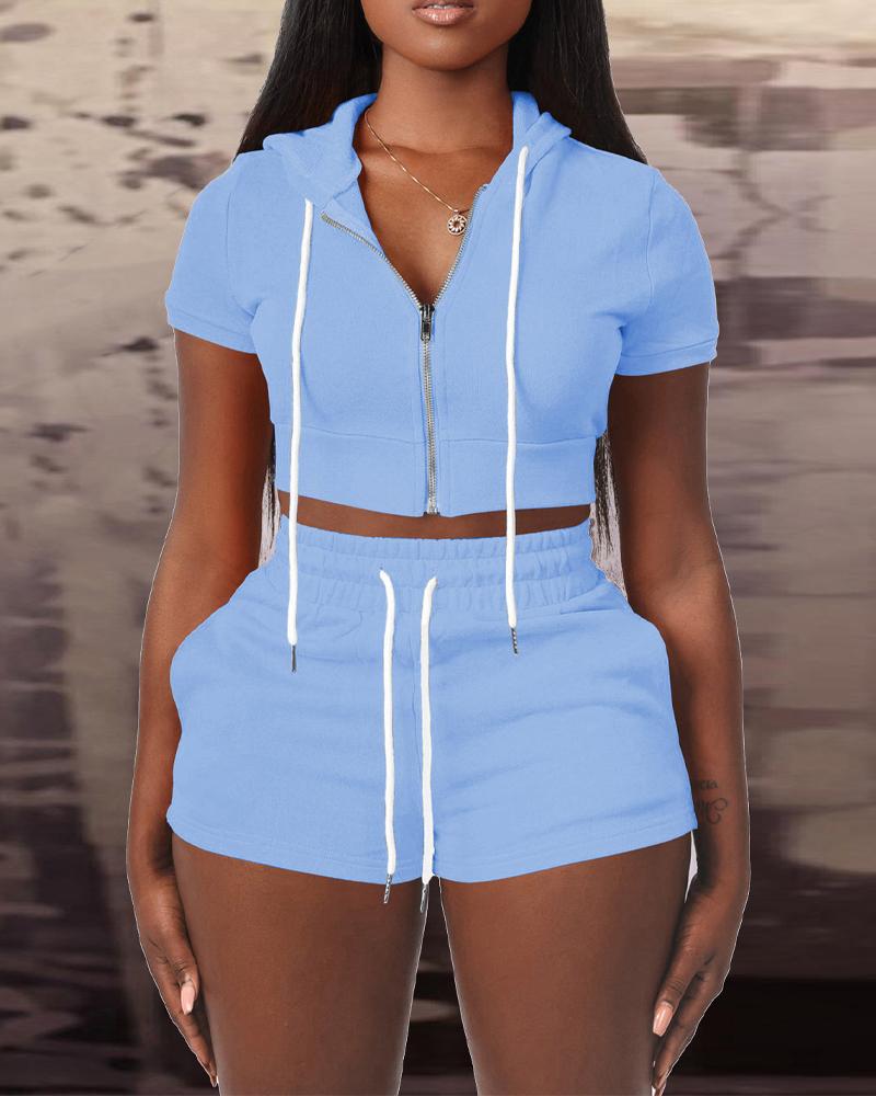 

Zip Up Drawstring Crop Hoodie & Shorts Set, Blue