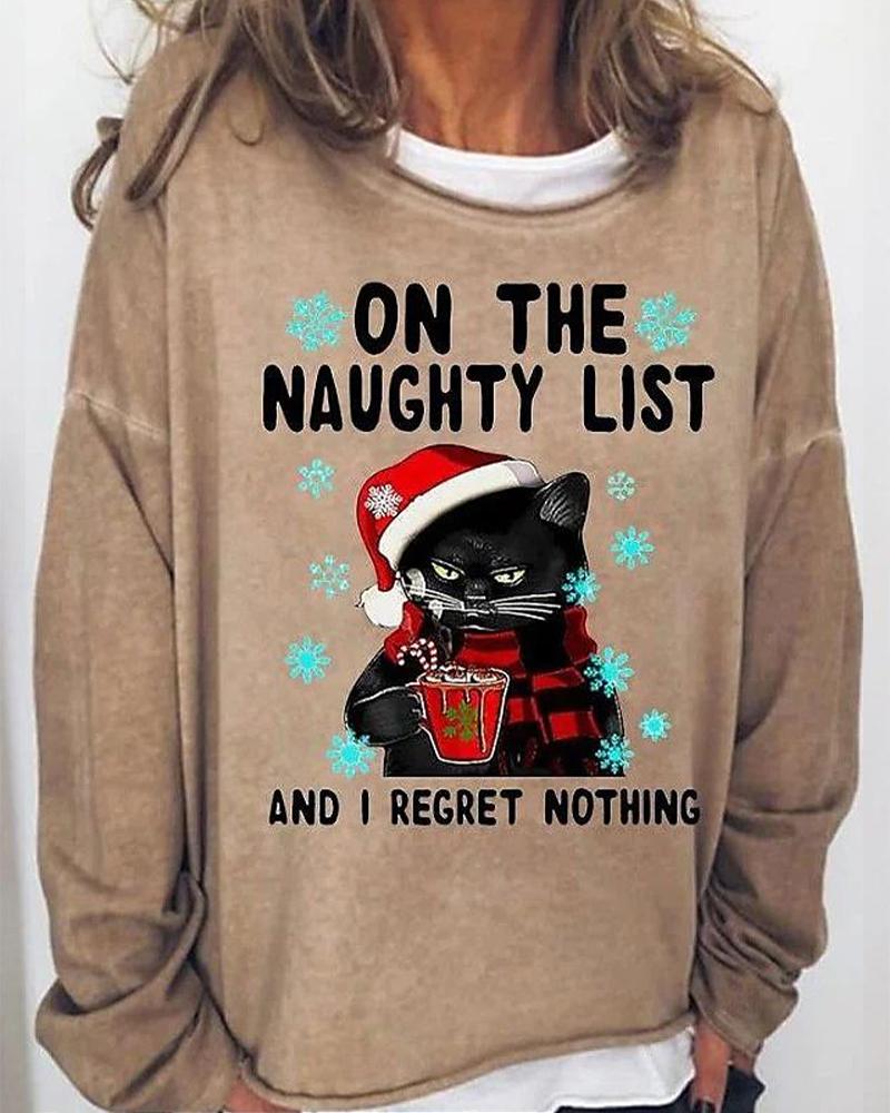 

Christmas Letter Cat Print Long Sleeve Casual Top, Khaki