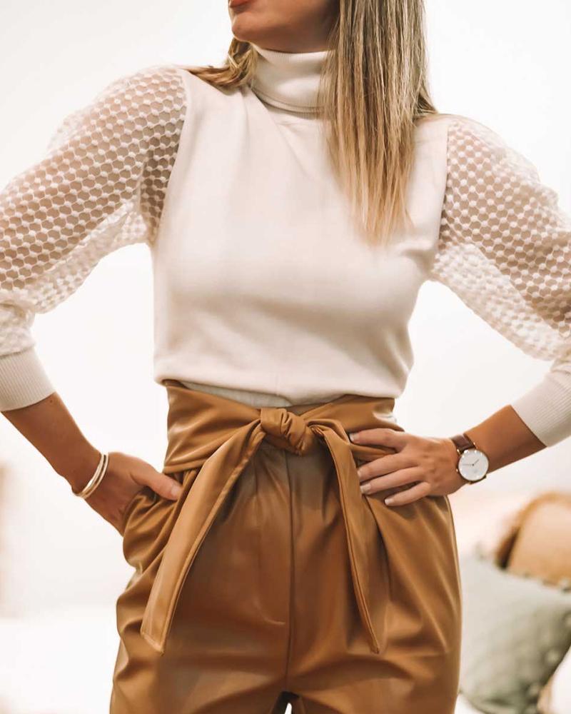

High Neck Long Sleeve Lace Insert Blouse, White