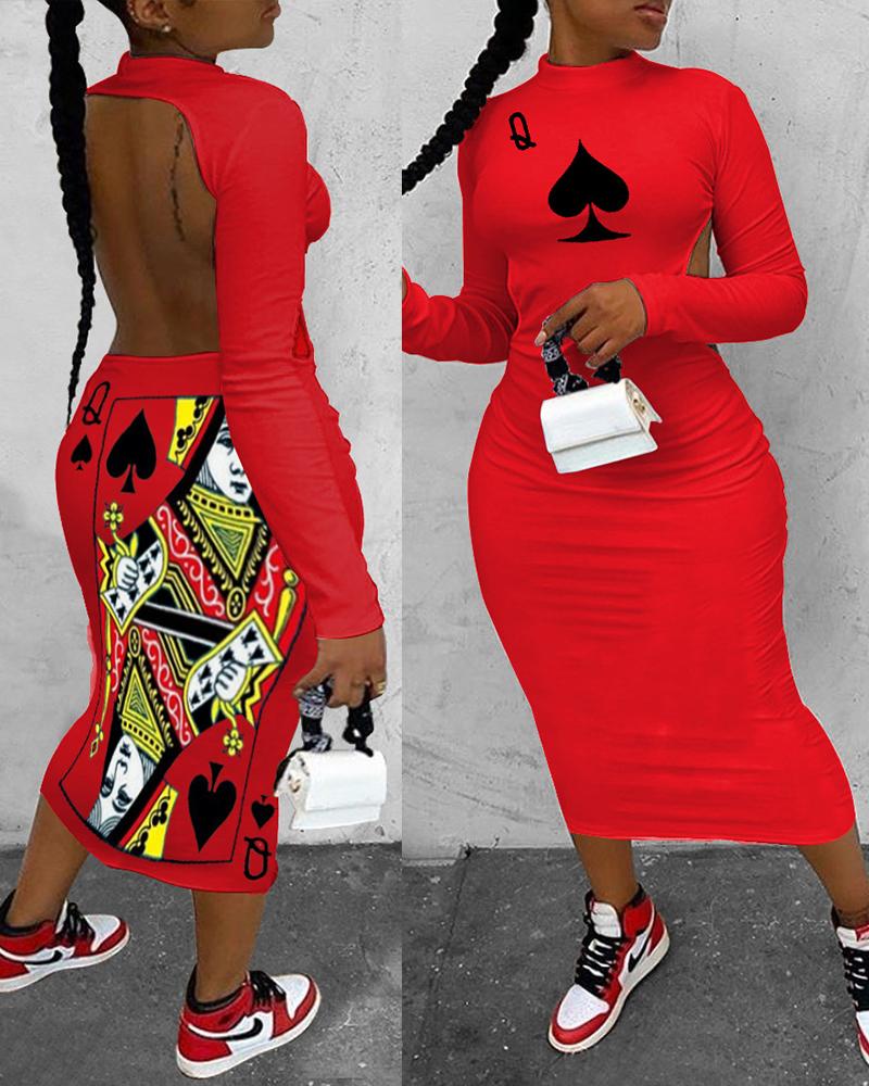 

Poker Print Backless Long Sleeve Women Dress, Red