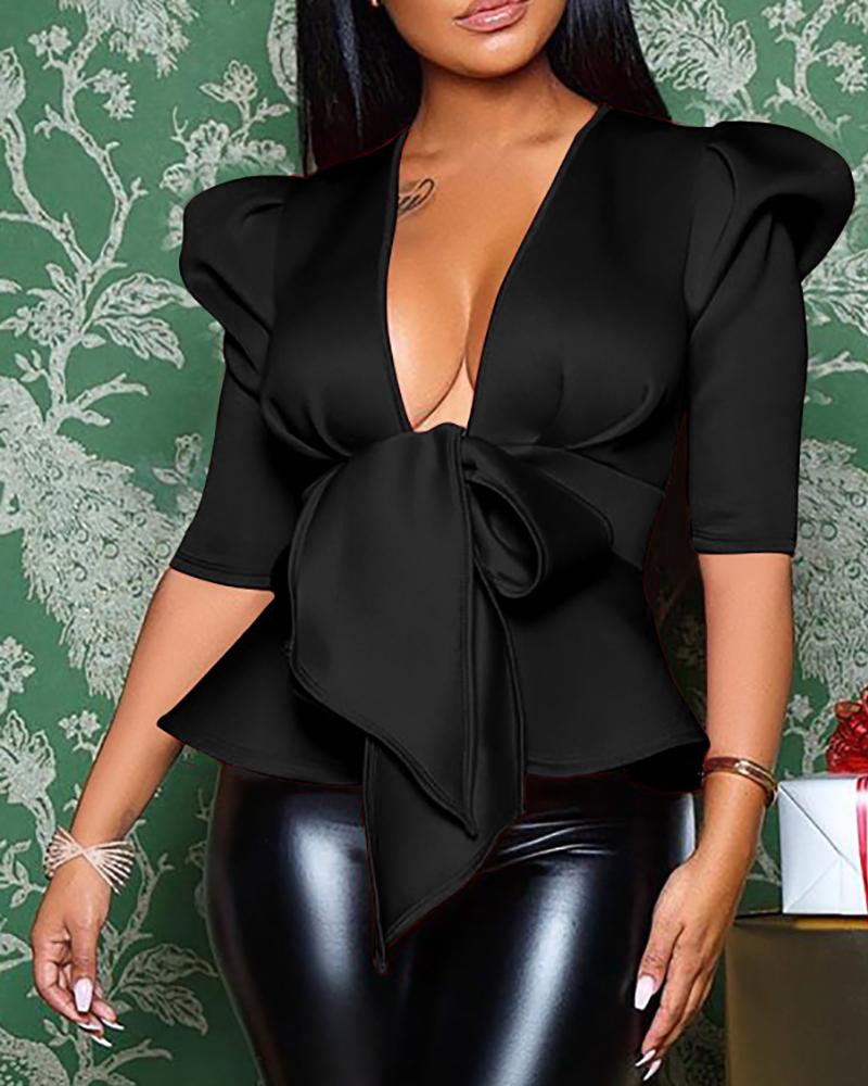 

Christmas Puff Sleeve Bowknot Design Plunge Top, Black