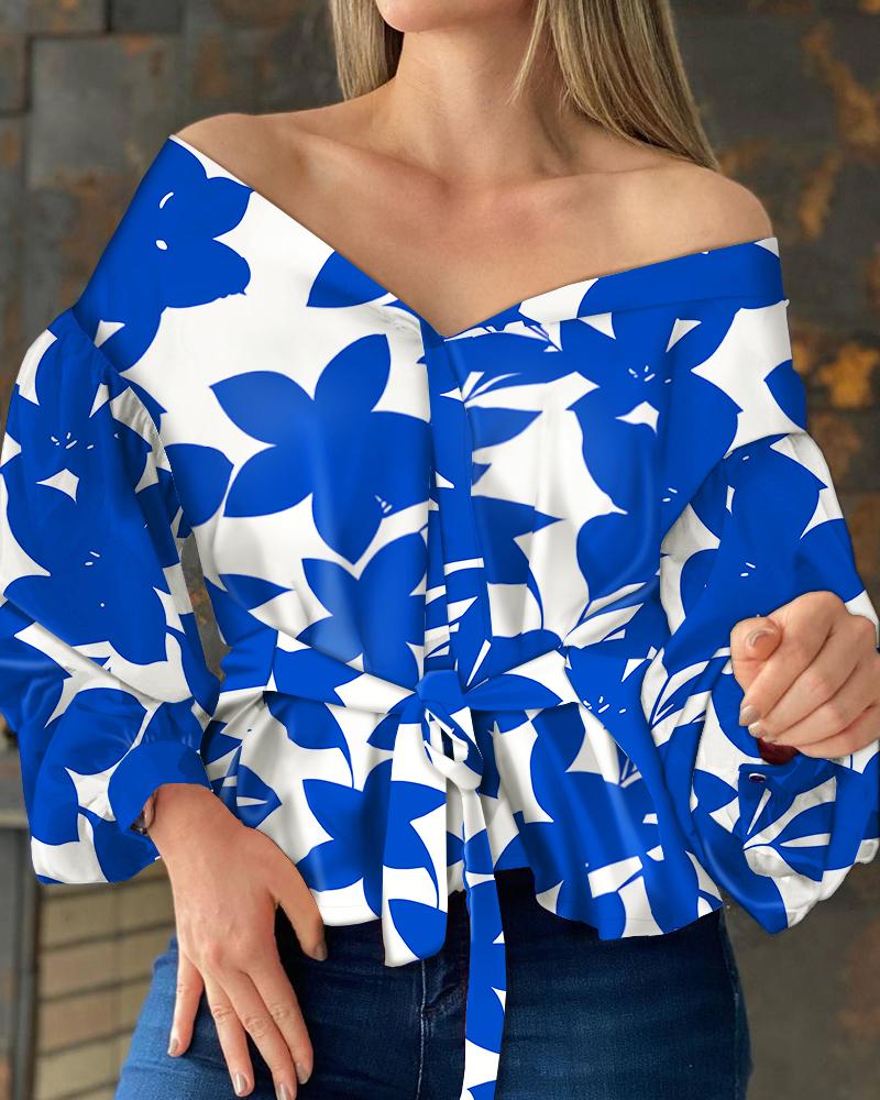 

Floral Print Off Shoulder Lantern Sleeve Tie Front Top, White