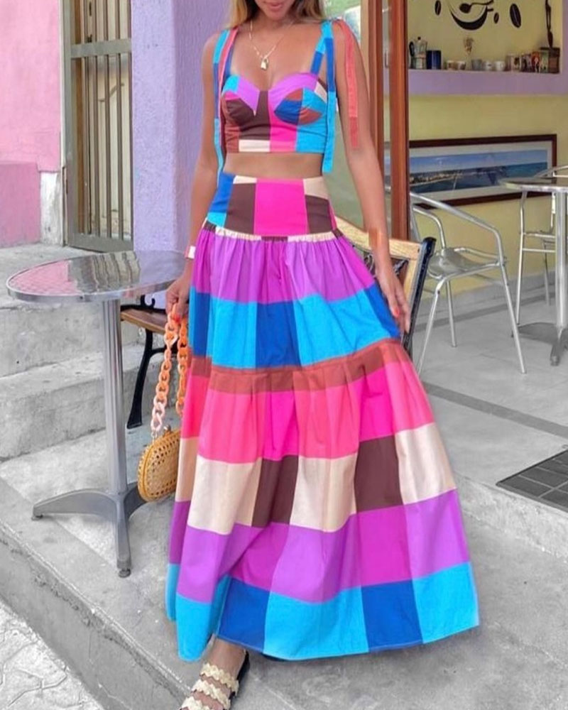 

Colorful Plaid Print Knot Shoulder Crop Top & Maxi Skirt Set, Multicolor