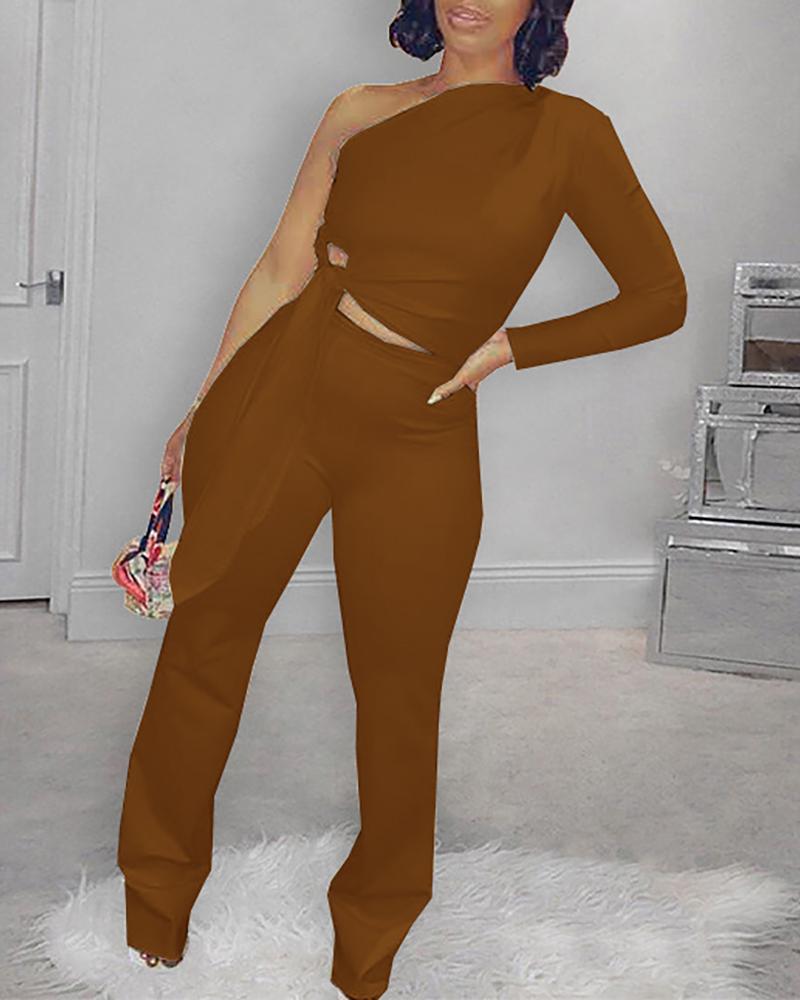

Tied Detail One Shoulder Top & Pants Set, Brown