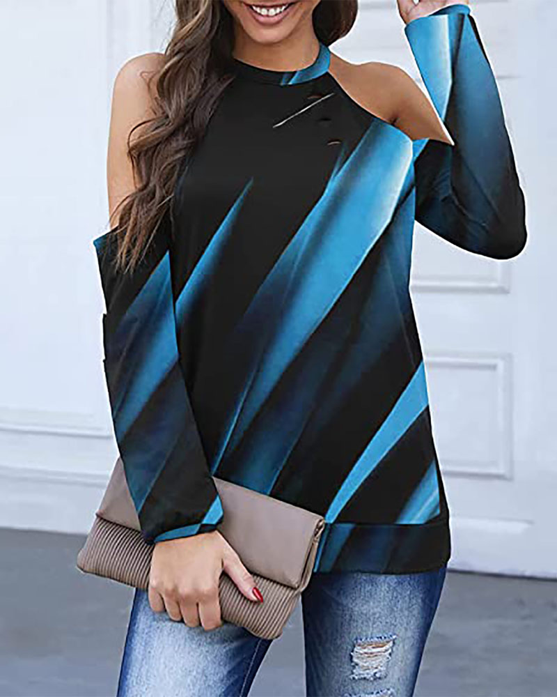 

Ombre Colorblock Cold Shoulder Casual Top, Blue