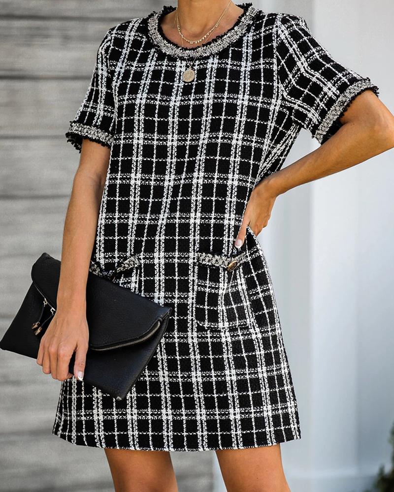 

Grid Pattern Colorblock Pocket Design Dress, Black
