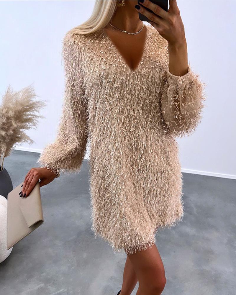 

Fluffy V-Neck Casual Dress, Apricot