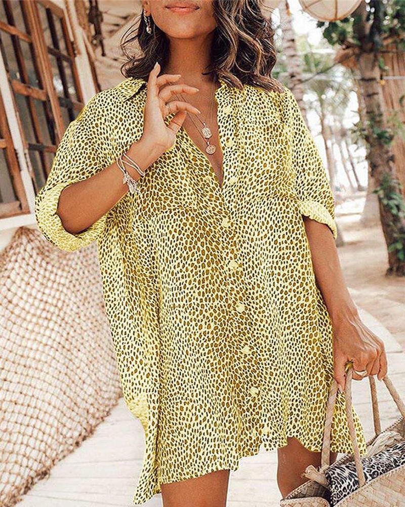 

Cheetah Print Button Front Shirt Dress, Yellow