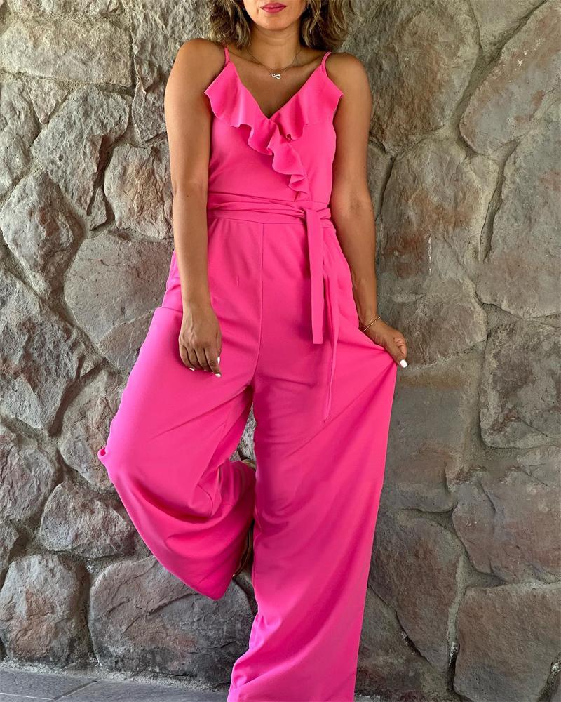 

Ruffle Hem Spaghetti Strap Jumpsuit, Pink