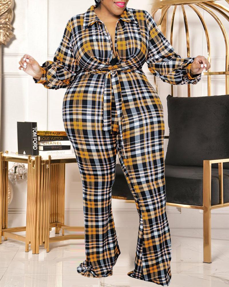 

Plus Size Plaid Print Crisscross Tied Detail Jumpsuit, Yellow