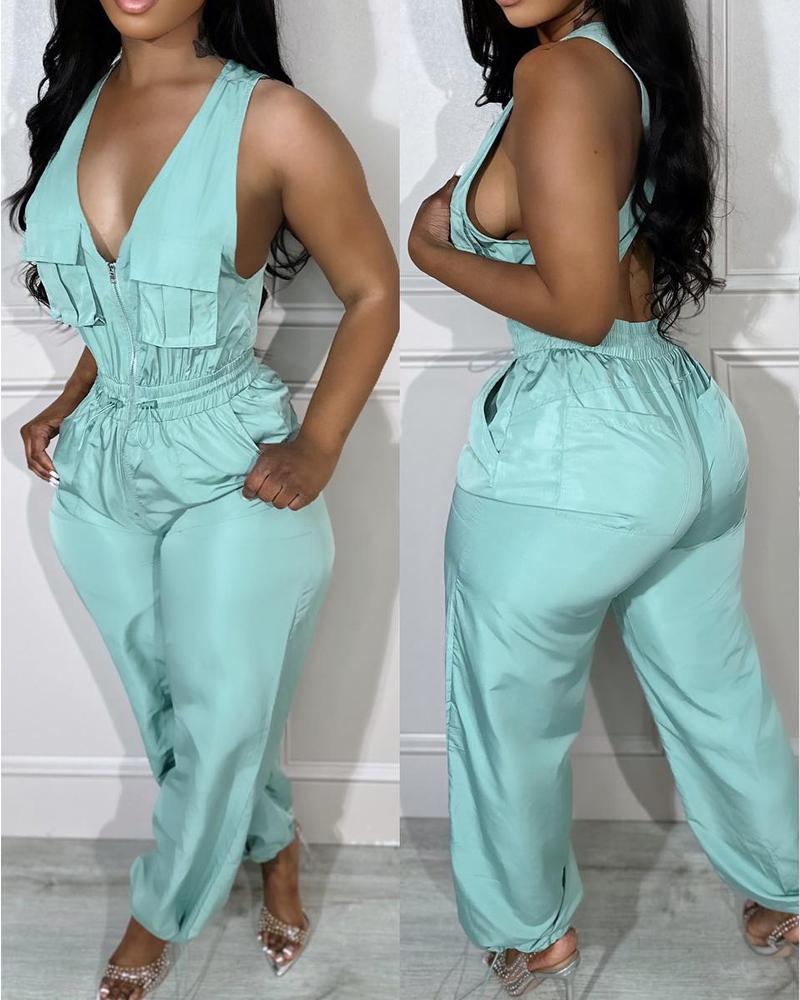 

Sleeveless Backless Pocket Design Drawstring Jumpsuit, Green