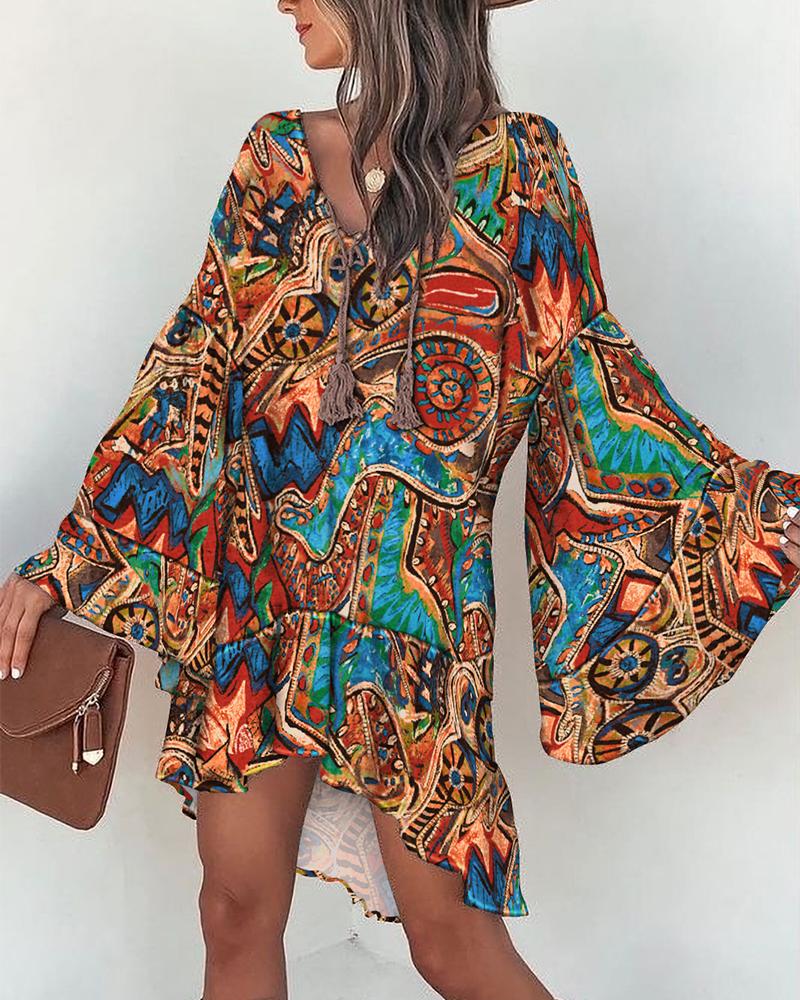 

Tribal Print Bell Sleeve Tassel Swing Dress, Multicolor