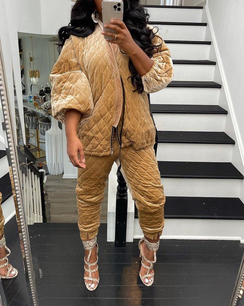 

Lantern Sleeve Zip Front Quilted Coat & Pants Set, Khaki