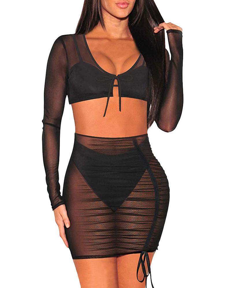 

Tied Detail Sheer Mesh Crop Top & Drawstring Skirt Set, Black