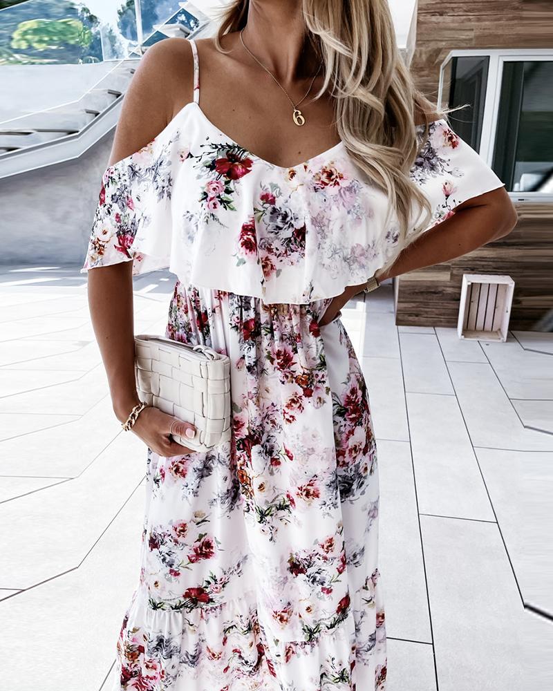 

Cold Shoulder Floral Print Ruffles Maxi Dress, White