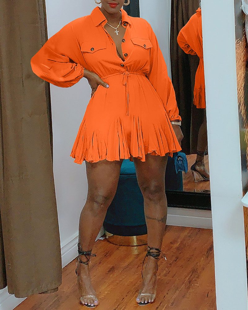 

Lantern Sleeve Button Front Drawstring Casual Dress, Orange