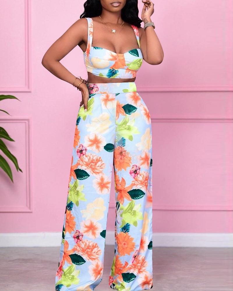 

Floral Leaf Print Crop Top & High Waist Wide Leg Pants Set, Blue