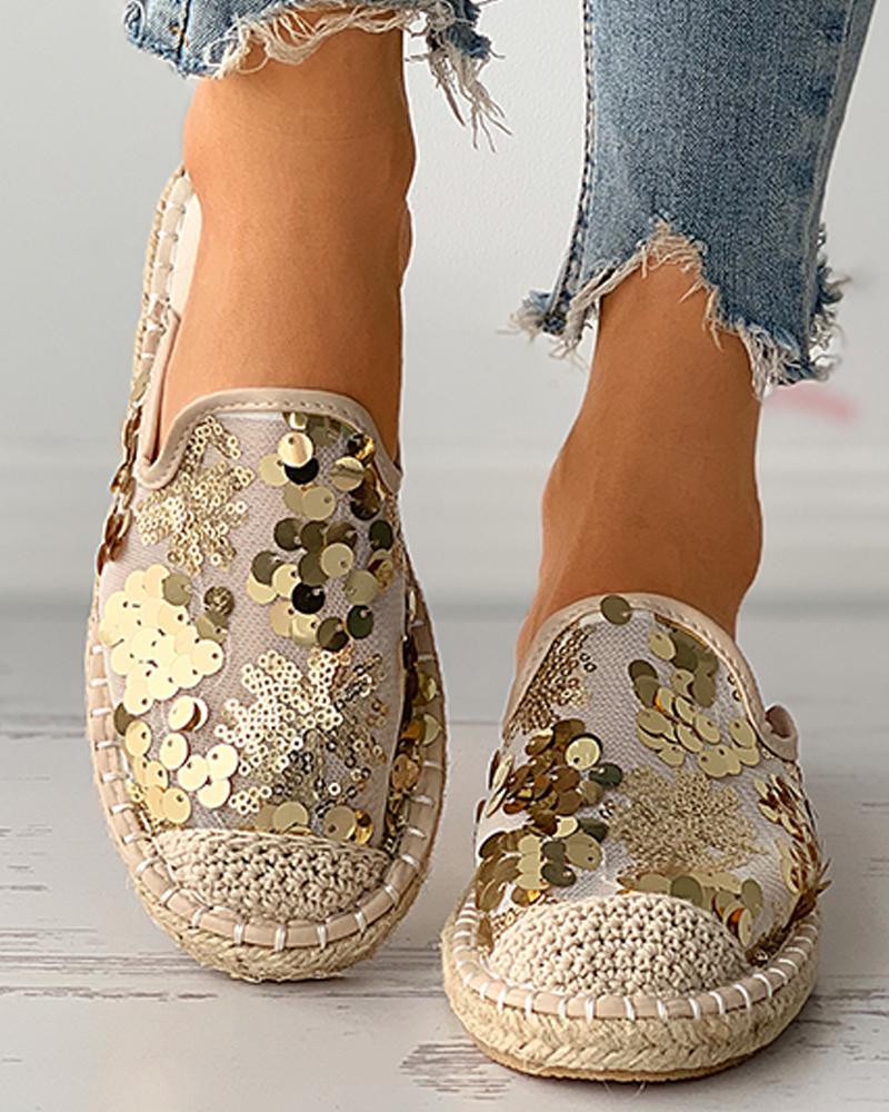 

Sequins Espadrille Sole Slip-On Flats, Gold