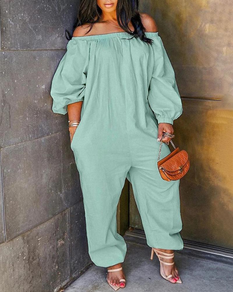 

Off Shoulder Pocket Design Lantern Sleeve Jumpsuit, Green