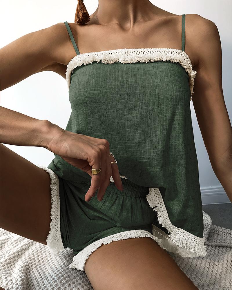 

Spaghetti Strap Tassel Design Top & Shorts Set, Green
