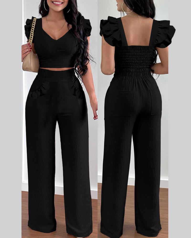 

Ruffle Hem Shirred Crop Top & High Waist Pants Set, Black