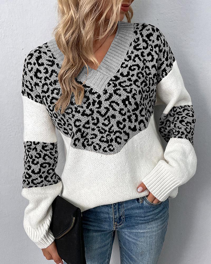 

Leopard Pattern Colorblock V-Neck Knit Sweater, Gray