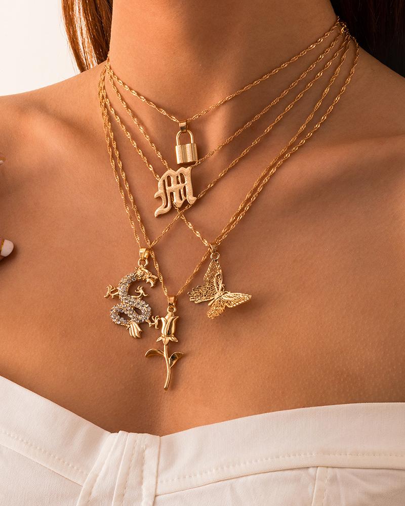 

Lock & Letter & Dragon & Floral & Butterfly Pendant Necklace, Gold