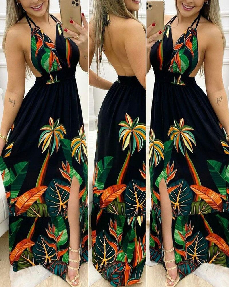 

Tropical Print Halter Backless Split Hem Maxi Dress, Black
