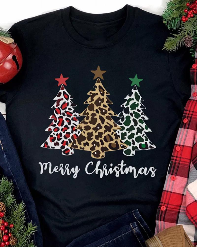 

Christmas Tree Letter Print Casual T-shirt, Black