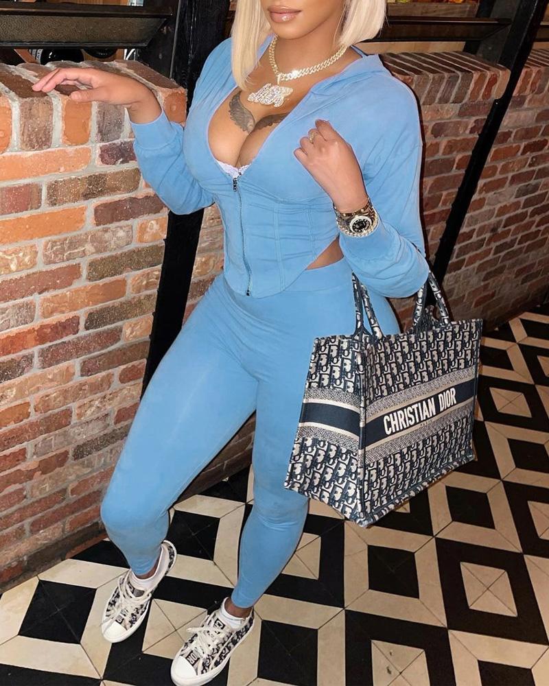 

Long Sleeve Hanky Hem Zip Up Hoodie & Pants Set, Sky blue