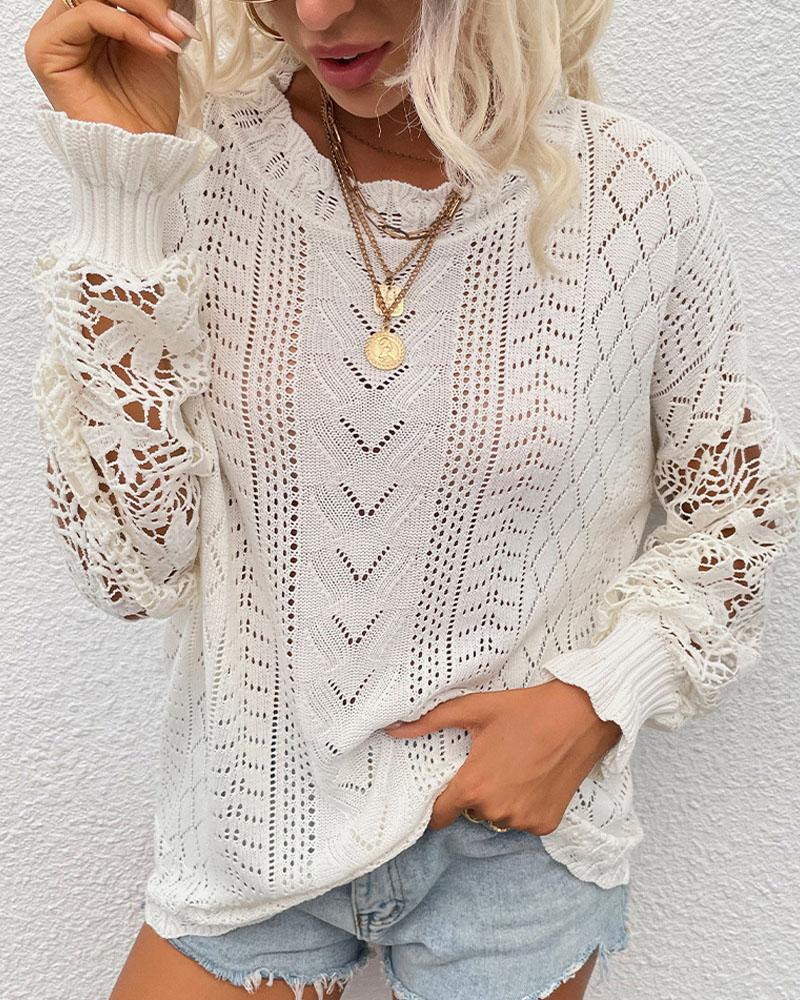 

Contrast Lace Pointelle Knit Sweater, White