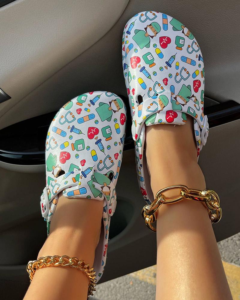 

Cartoon Pattern Closed Toe Casual Clogs, Multicolor