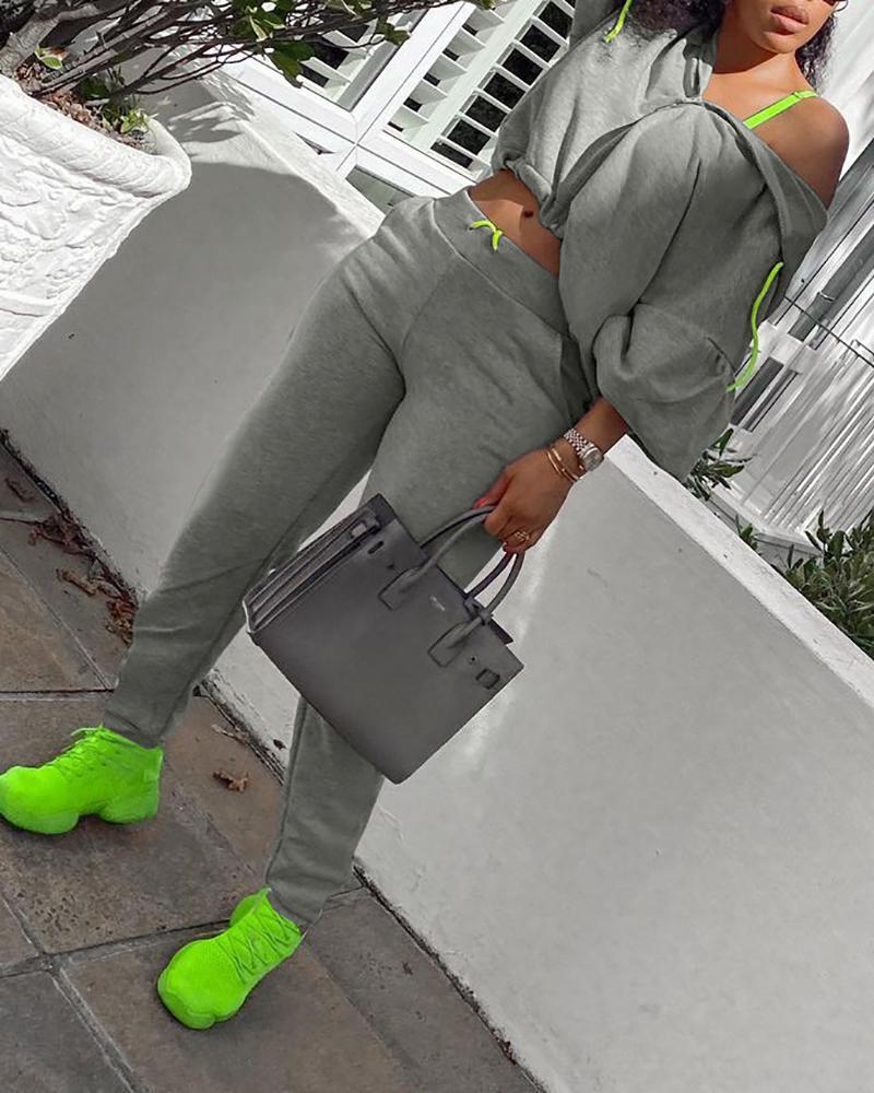 

Lantern Sleeve Hooded Top & Pocket Design Pants Set, Gray